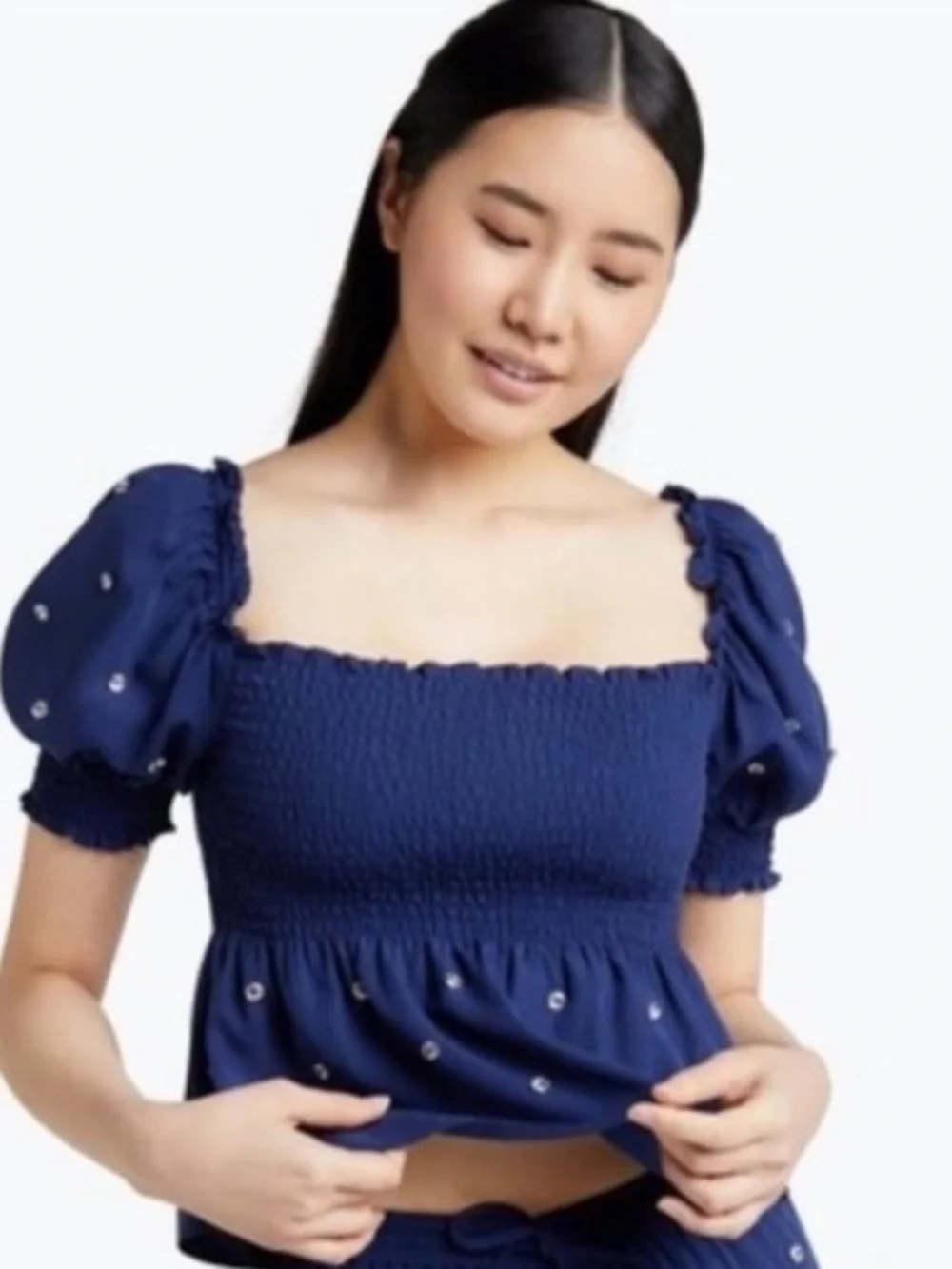 Hill House Home Jewel Jammy Top Navy Blue Smocked Peplum‎ Puff Sleeve Size M